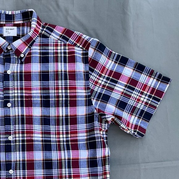 Old Navy Red Multicolor Plaid Button Down Shirt Men Size Large - Picture 4 of 13